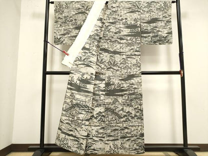 平和屋着物▽訪問着　単衣　作家物　ぜんまい紬　渡橋風景シルエット　ますいわ屋扱い　正絹　逸品　DABJ4494cd