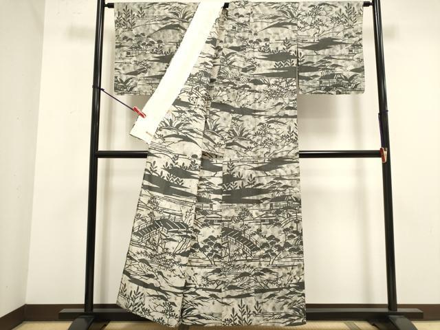 平和屋着物▽訪問着　単衣　作家物　ぜんまい紬　渡橋風景シルエット　ますいわ屋扱い　正絹　逸品　DABJ4494cd