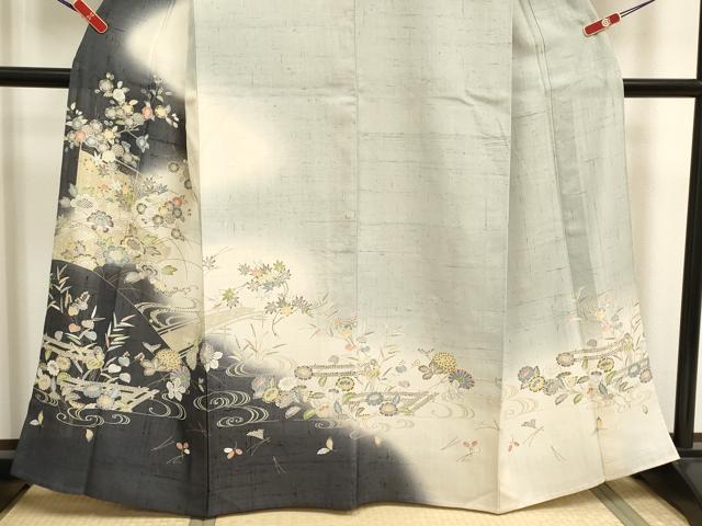平和屋着物▽染織の名門　しょうざん　生紬　訪問着　単衣　草花文　正絹　逸品　DABJ4495cd