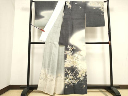 平和屋着物▽染織の名門　しょうざん　生紬　訪問着　単衣　草花文　正絹　逸品　DABJ4495cd