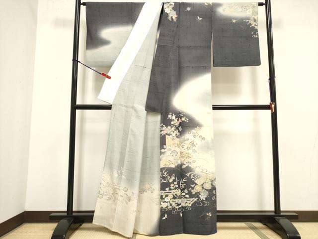 平和屋着物▽染織の名門　しょうざん　生紬　訪問着　単衣　草花文　正絹　逸品　DABJ4495cd
