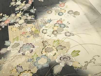 平和屋着物▽染織の名門　しょうざん　生紬　訪問着　単衣　草花文　正絹　逸品　DABJ4495cd
