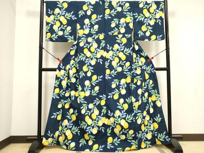 平和屋着物▽小紋　単衣　紅梅織　レモン　檸檬　洗える着物　DABJ4504cd