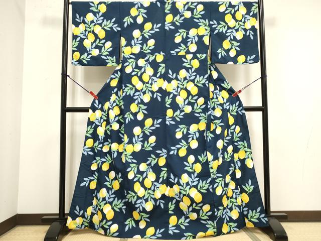 平和屋着物▽小紋　単衣　紅梅織　レモン　檸檬　洗える着物　DABJ4504cd