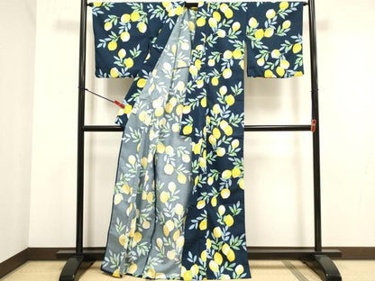 平和屋着物▽小紋　単衣　紅梅織　レモン　檸檬　洗える着物　DABJ4504cd