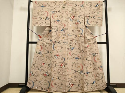 平和屋着物▽上質な小紋　単衣　紬地　型染め　流水舞蝶文　正絹　逸品　未使用　DABJ4518cd