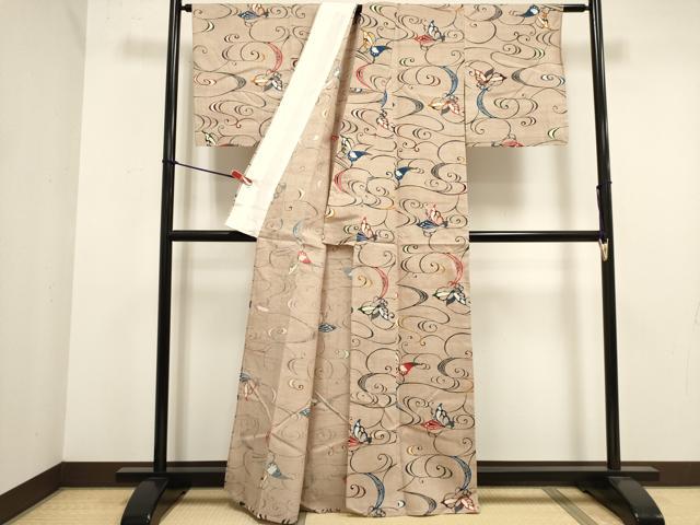 平和屋着物▽上質な小紋　単衣　紬地　型染め　流水舞蝶文　正絹　逸品　未使用　DABJ4518cd