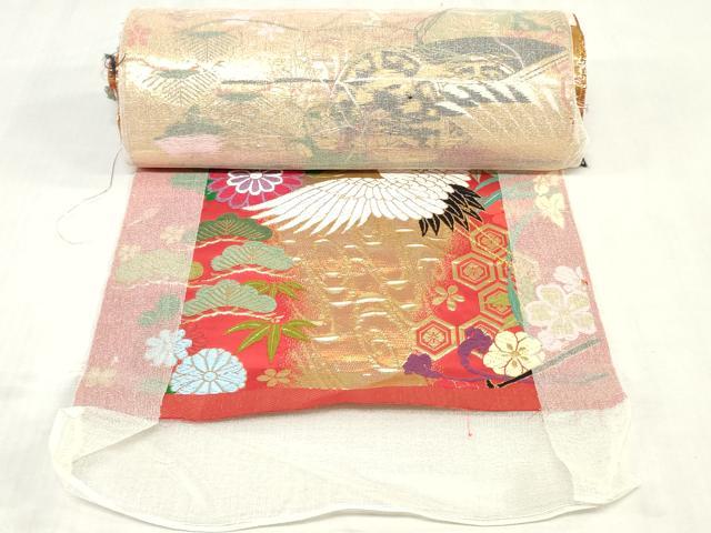 平和屋着物▼打掛　解き反物　唐織　御所車飛鶴花文　金糸　端切れ　ハギレ　リメイク生地　逸品　DABJ4521zy