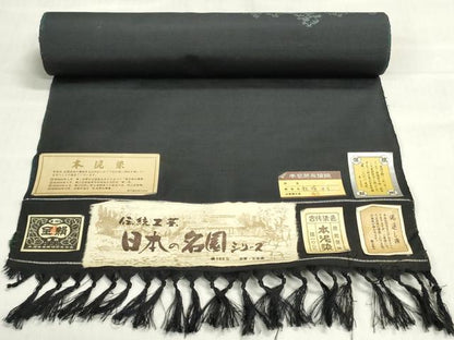 平和屋着物▼紬　反物　着尺　本泥染　風景文　黒地　証紙付き　逸品　未使用　DABJ4674zy