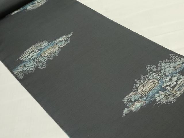 平和屋着物▼紬　反物　着尺　本泥染　風景文　黒地　証紙付き　逸品　未使用　DABJ4674zy