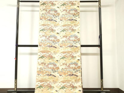 平和屋本店▼アンティーク　大正ロマン　丸帯　帯反物　本場大島織　地紙風景花文　金糸　逸品　未使用　DABJ4737zy