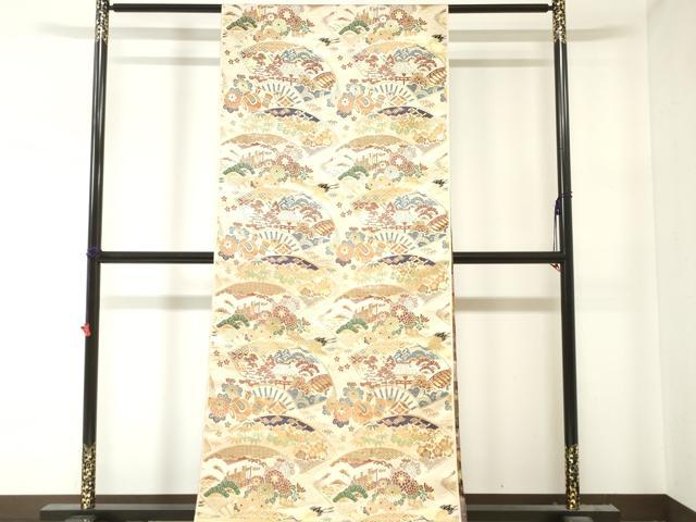 平和屋本店▼アンティーク　大正ロマン　丸帯　帯反物　本場大島織　地紙風景花文　金糸　逸品　未使用　DABJ4737zy