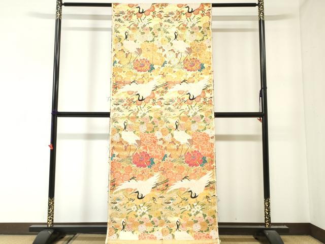 平和屋本店▼アンティーク　大正ロマン　丸帯　帯反物　飛鶴草花文　金糸　逸品　DABJ4739zy