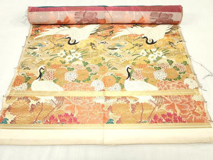 平和屋本店▼アンティーク　大正ロマン　丸帯　帯反物　飛鶴草花文　金糸　逸品　DABJ4739zy