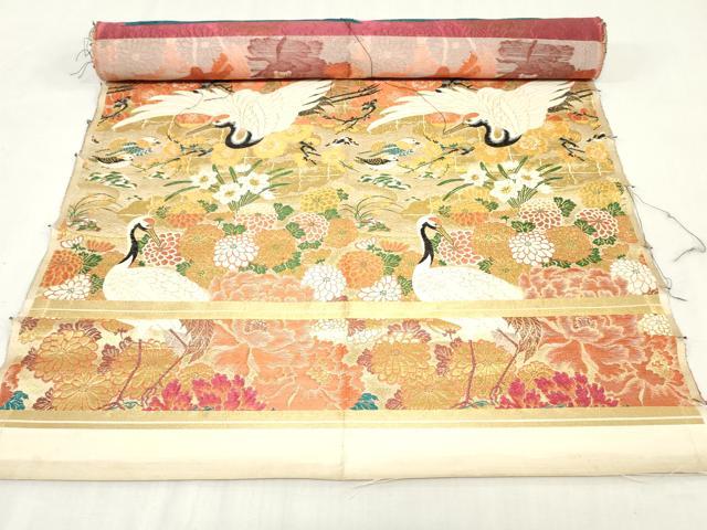 平和屋本店▼アンティーク　大正ロマン　丸帯　帯反物　飛鶴草花文　金糸　逸品　DABJ4739zy