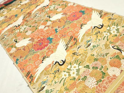 平和屋本店▼アンティーク　大正ロマン　丸帯　帯反物　飛鶴草花文　金糸　逸品　DABJ4739zy