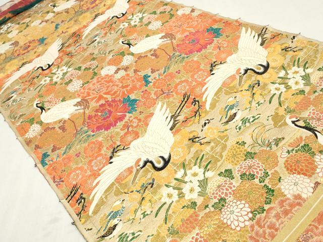 平和屋本店▼アンティーク　大正ロマン　丸帯　帯反物　飛鶴草花文　金糸　逸品　DABJ4739zy