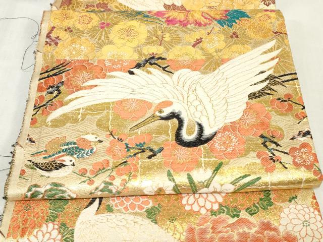 平和屋本店▼アンティーク　大正ロマン　丸帯　帯反物　飛鶴草花文　金糸　逸品　DABJ4739zy