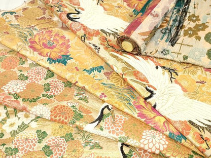 平和屋本店▼アンティーク　大正ロマン　丸帯　帯反物　飛鶴草花文　金糸　逸品　DABJ4739zy