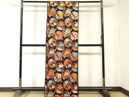 平和屋着物[]アンティーク　大正ロマン　女の子　子供　丸帯　帯反物　花丸文　黒地　金糸　逸品　DABJ4741zy