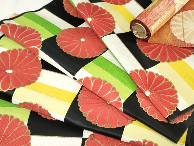 平和屋着物[]女の子　子供　丸帯　帯反物　舞菊文　黒地　金糸　逸品　DABJ4743zy