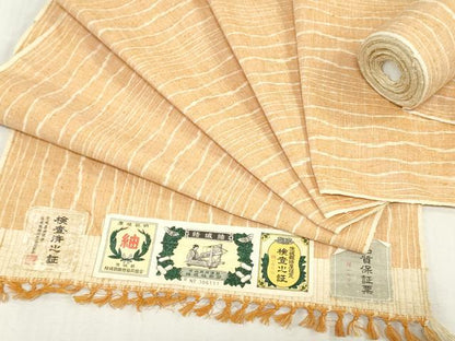平和屋着物▼結城紬　反物　着尺　間道　証紙付き　逸品　未使用　DABJ4752zy