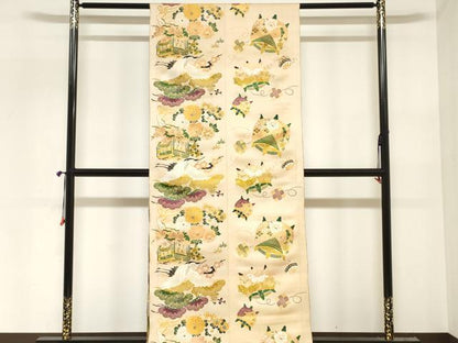 平和屋本店▼アンティーク　大正ロマン　丸帯　帯反物　飛鶴御所車花文　金糸　逸品　DABJ4786zy