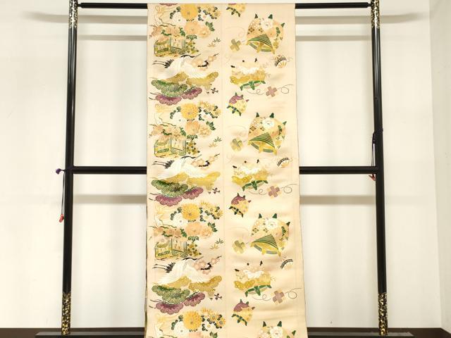 平和屋本店▼アンティーク　大正ロマン　丸帯　帯反物　飛鶴御所車花文　金糸　逸品　DABJ4786zy