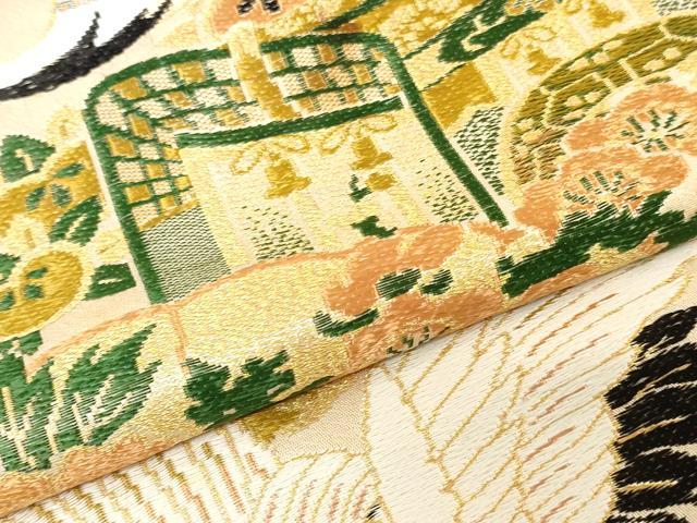 平和屋本店▼アンティーク　大正ロマン　丸帯　帯反物　飛鶴御所車花文　金糸　逸品　DABJ4786zy