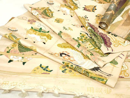平和屋本店▼アンティーク　大正ロマン　丸帯　帯反物　飛鶴御所車花文　金糸　逸品　DABJ4786zy