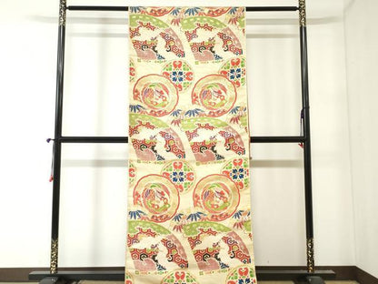 平和屋本店▼アンティーク　大正ロマン　丸帯　帯反物　檜扇飛鶴文　鳳凰花絵皿文　金糸　逸品　DABJ4787zy