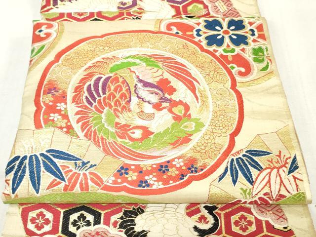 平和屋本店▼アンティーク　大正ロマン　丸帯　帯反物　檜扇飛鶴文　鳳凰花絵皿文　金糸　逸品　DABJ4787zy