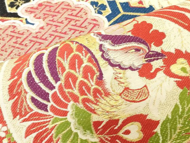 平和屋本店▼アンティーク　大正ロマン　丸帯　帯反物　檜扇飛鶴文　鳳凰花絵皿文　金糸　逸品　DABJ4787zy