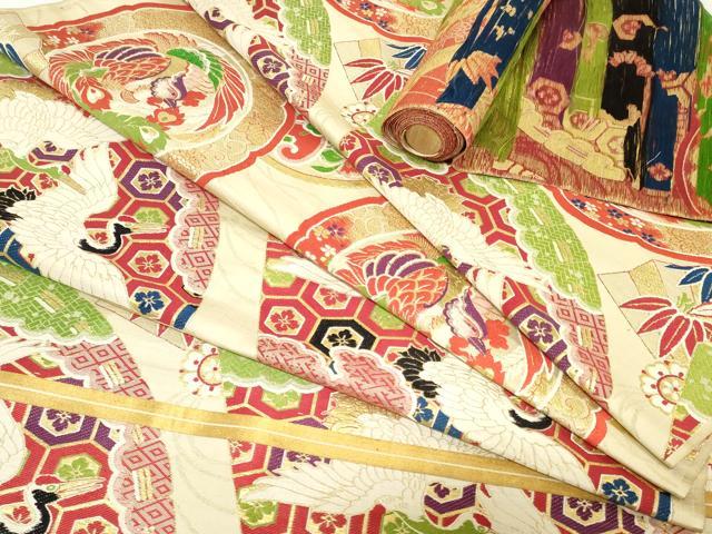 平和屋本店▼アンティーク　大正ロマン　丸帯　帯反物　檜扇飛鶴文　鳳凰花絵皿文　金糸　逸品　DABJ4787zy