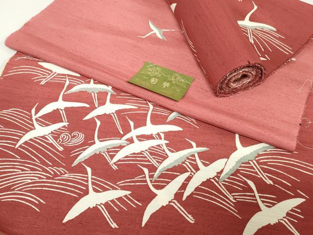 平和屋本店▼和装小物　座布団地　浜紬　飛鶴立波文　逸品　未使用　DABJ4795zy