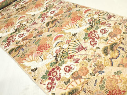 平和屋本店▼アンティーク　大正ロマン　丸帯　帯反物　本場大嶋織　扇面飛鶴花文　金糸　逸品　未使用　DABJ4801zy