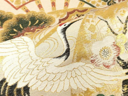 平和屋本店▼アンティーク　大正ロマン　丸帯　帯反物　本場大嶋織　扇面飛鶴花文　金糸　逸品　未使用　DABJ4801zy