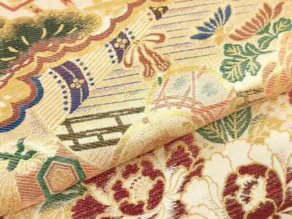 平和屋本店▼アンティーク　大正ロマン　丸帯　帯反物　本場大嶋織　扇面飛鶴花文　金糸　逸品　未使用　DABJ4801zy