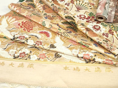平和屋本店▼アンティーク　大正ロマン　丸帯　帯反物　本場大嶋織　扇面飛鶴花文　金糸　逸品　未使用　DABJ4801zy