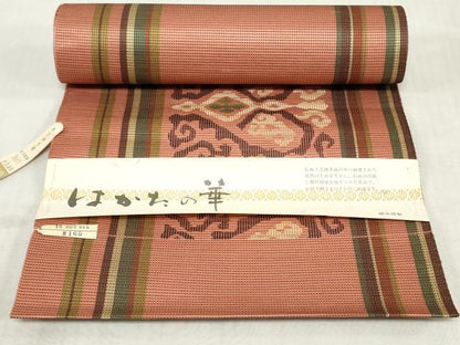 平和屋着物▼本場筑前博多織　名古屋帯　帯反物　草葉間道　逸品　未使用　DABJ4812zy