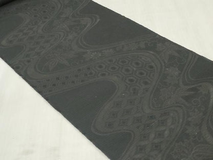 平和屋着物＊夏物　西陣　名古屋帯　黒生地　帯反物　流水草花地紋　証紙付き　逸品　未使用　DABJ4816zy