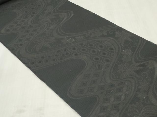 平和屋着物＊夏物　西陣　名古屋帯　黒生地　帯反物　流水草花地紋　証紙付き　逸品　未使用　DABJ4816zy