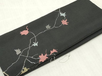平和屋着物▼羽織・コート　解き反物　羽尺　枝葉文　黒地　銀糸　逸品　DABJ4830zy