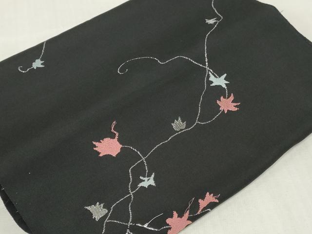 平和屋着物▼羽織・コート　解き反物　羽尺　枝葉文　黒地　銀糸　逸品　DABJ4830zy