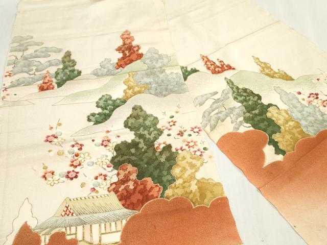 平和屋着物▼付下げ　解き反物　着尺　風景文　暈し染め　金彩　逸品　DABJ4862zy