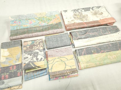 平和屋着物▼小地谷紬　解き反物　着尺　100柄　草花文　裁断済み　八掛・胴裏付き　逸品　DABJ4864zy