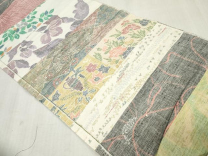 平和屋着物▼小地谷紬　解き反物　着尺　100柄　草花文　裁断済み　八掛・胴裏付き　逸品　DABJ4864zy
