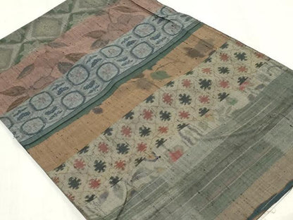 平和屋着物▼紬　解き反物　着尺　草花文　裁断済み　八掛・胴裏付き　逸品　DABJ4870zy