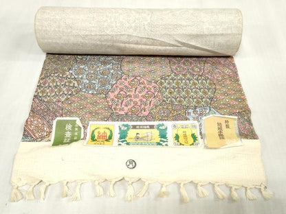 平和屋着物▼小紋　結城紬　反物　着尺　草花文　証紙付き　逸品　未使用　DABJ4872zy