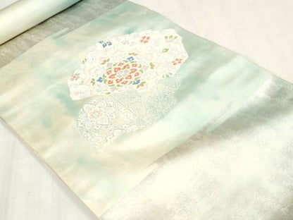 平和屋着物▼西陣　名古屋帯　帯反物　唐織　草花文　銀糸　証紙付き　逸品　未使用　DABJ4922zy